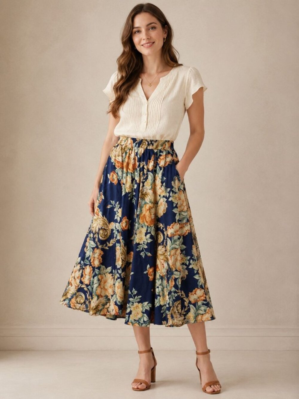 Vintage Floral Print Elastic Waist Midi Skirt In Navy & Orange One Size